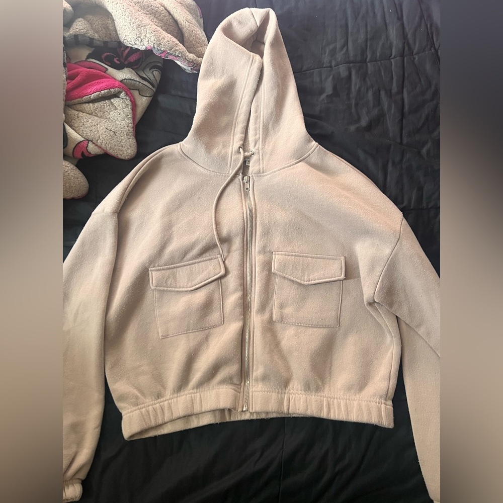 Beige Hooded Zip-Up Jacket